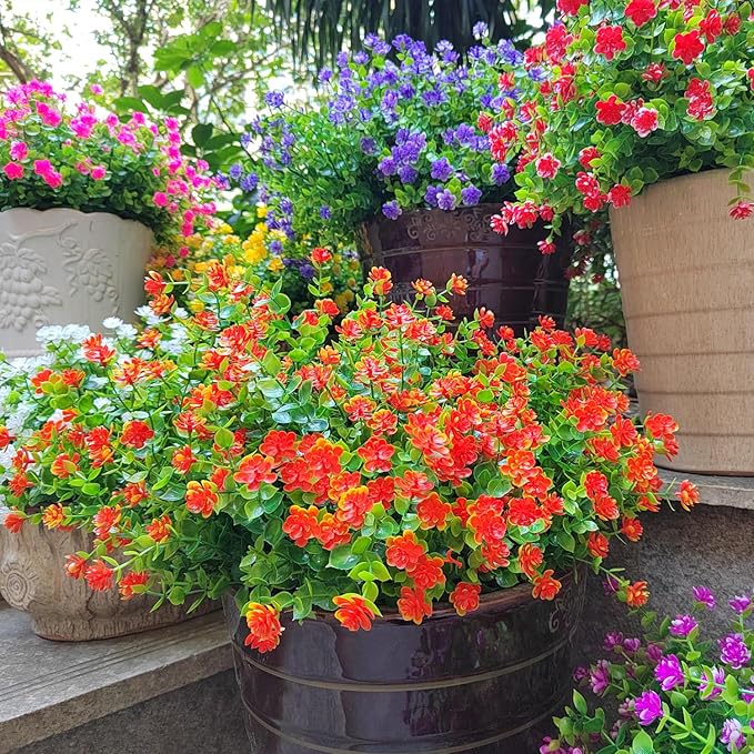 Grunyia 12 Bundles Artificial Flowers for Outdoors, UV Resistant Fake Flowers with Plastic Plants, Faux Flowers for Outside Window Box Front Porch Hanging Planter Decor(Orange Red)