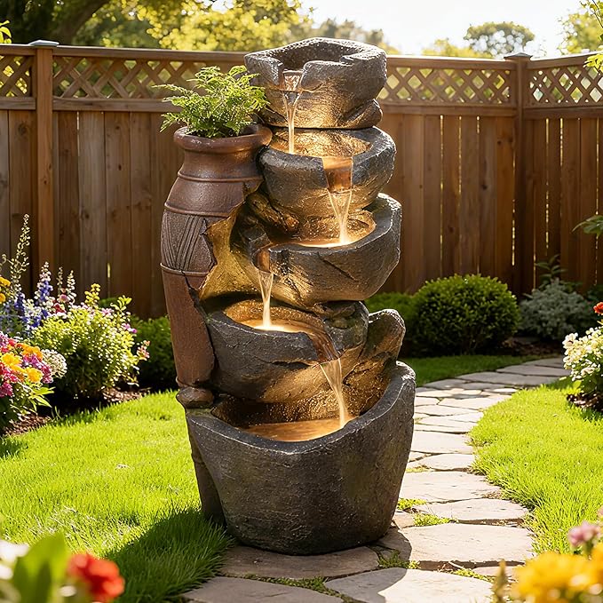 31.7" H Rock Jar Water Fountain Outdoor, 5-Tiers Cascading Outside Fountains and Waterfalls with 4 LED Lights for Patio, Deck, Porch, Backyard and Home Art Docor