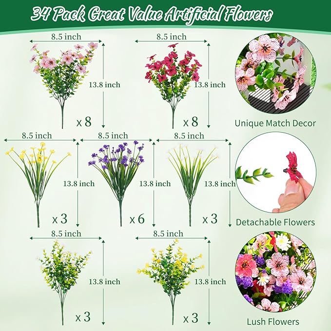 BLEUM CADE Artificial Flowers for Outdoors, 34 Bundles Fake Outdoor Flowers Faux Plants, UV Resistant Artificial Plants & Flowers for Decoration, Outside Fake Plants for Porch Garden Decor