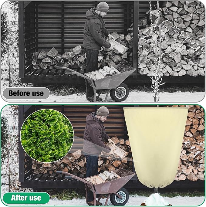 Vincreem 4 Pcs Plant Covers Freeze Protection 35.4" x 59" Winter Frost Blankets for Outdoor Plants with Zipper Drawstring Frost Cloth Freeze Covers Warm Shrub Jacket for Fruit Tree Potted(Beige)