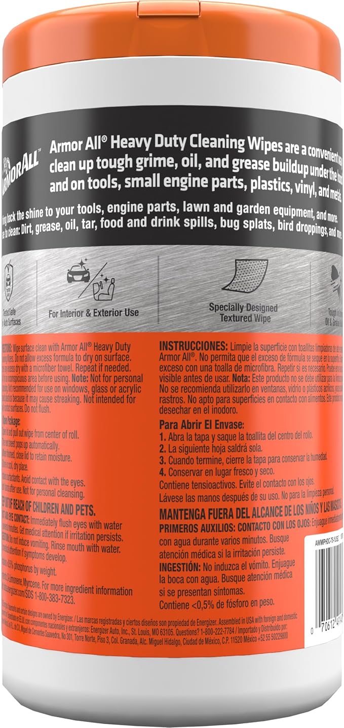 Armor All Heavy Duty Car Cleaning Wipes, 25 Count Canister, Interior Car Wipes, Also Great for Tools, Car Parts and Lawn Care Equipment