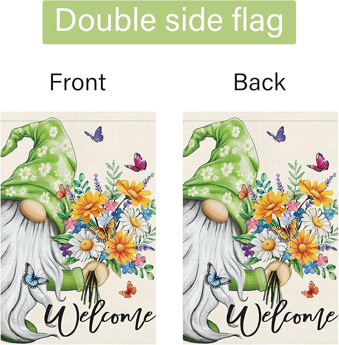 Louise Maelys Spring Welcome Garden Flag Gnome Floral Double Sided 12x18 Inch Flower Small Burlap Seasonal Holiday Yard Outdoor Flag Outside Home Decoration (Only Flag)