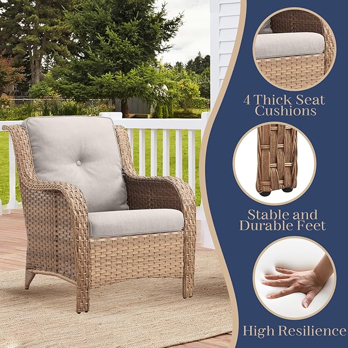 HUMMUH 3 Pieces Patio Bistro Set Wicker Patio Chairs Set of 2 with Tempered Glass Top Side Table Rattan Outdoor Furniture Conversation Set for Yard,Garden,Porch (Yellow/Beige)