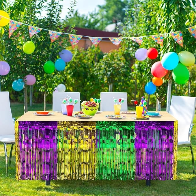 ADXCO 2 Pack Mardi Gras Table Skirts Party Decorations Metallic Foil Fringe Disposable Tinsel Table Skirt Gold Green Purple Banner Garland, 29 x 106 Inches
