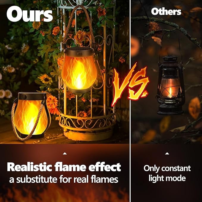 iBaycon 1 Pack Solar Lanterns Lights, Halloween Flickering Flame Garden Lights with 2 Modes Dual Charging USB & Solar, Outdoor Waterproof Hanging Lantern for Party Holiday Halloween Decor (Warm White)