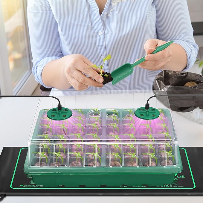 Seed Starter Kit with Grow Light Seedling Heat Mat 48 Cells Seed Starter Tray with Humidity Dome and Base Germination Trays Plastic Growing Trays Plant Propagation Kit for Seed Starting, Green