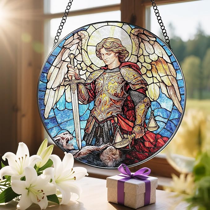 Stained Glass Suncatcher, Archangel Michael Sun Catcher Ornament; Stained Glass Window Hanging, Warrior Angel Window Decor, Spiritual Protection Decor, Christmas Ornament; Christian Religious Gifts