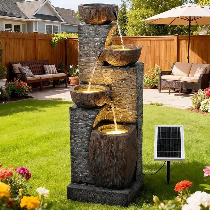 Solar Water Fountain Outdoor Garden, 38.2" Tall Stone Texture Modern Outdoor Fountain with 4 Tiers Cascading Bowls and Pump Solar Panel for Patio, Deck, Porch, Backyard Home Decor