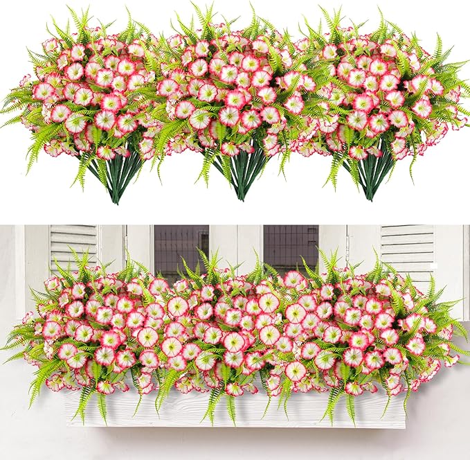 HIAGROW Artificial Flowers Outdoors 12 Bundles Pink Artificial Petunias Fake Flowers UV Resistant Shrubs Plants with Fern for Indoor Outside Hanging Planters Home Garden Summer Decorations
