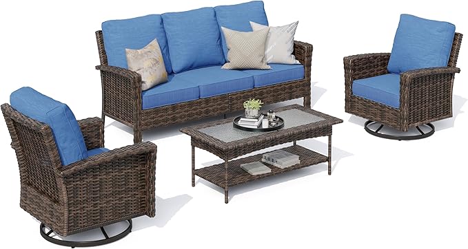 HERA'S HOUSE Outdoor Furniture with High Back Swivel Chairs, 4-Piece Patio Conversation Sets with 5.5" Thick Cushion, Deep Seating Wicker Rattan Sofa Set for Deck Lawn Deck Yard, Blue