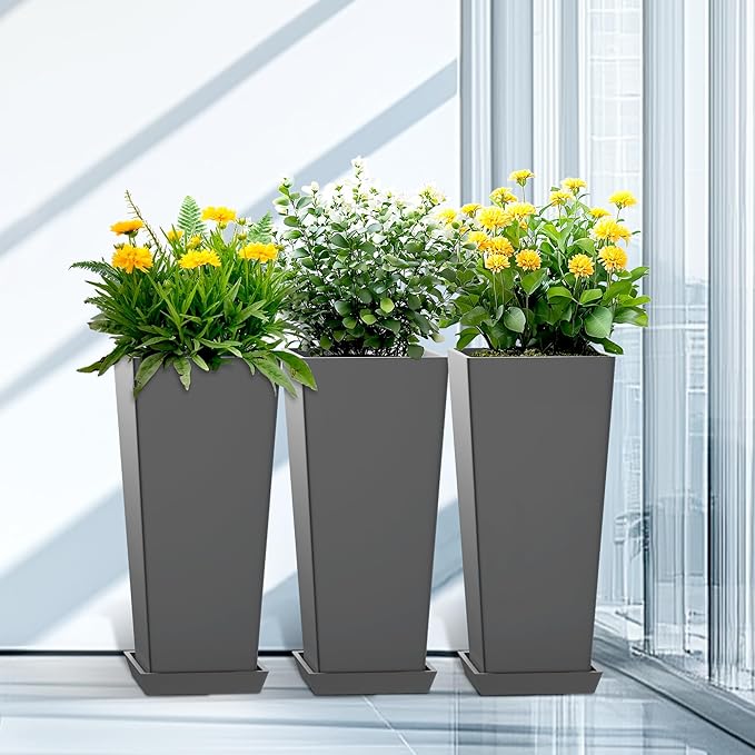 TUYOHW 24 Inch Tall Tapered Square Planters (Set of 2) - Indoor Outdoor Large Flower Pots with Built-in Drainage & Matching Water Tray for Patio, Garden, Home - Gray