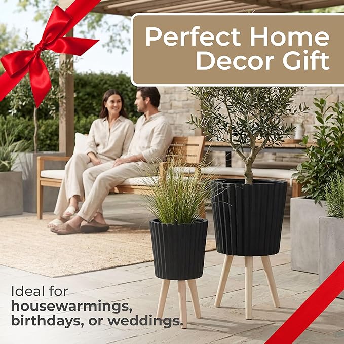 Set of 2 Resin & Magnesia Planter Set with Wood Stands – Plant Stand Indoor Outdoor, Living Room or Patio – Modern Raised Design, Accent Planters for Stylish Spaces, Home Decor – 12" & 10", Black