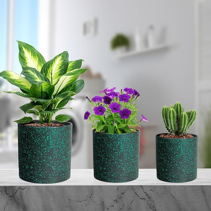 Meowell 7/6.5/6/5/4 inch Plant Pots, 5 Pack Cylinder Flower Pots for Small Indoor Outdoor Plants, Plastic Planters with Drainage Holes and Saucer for Garden Succulent Plants, Black With Green Speckles