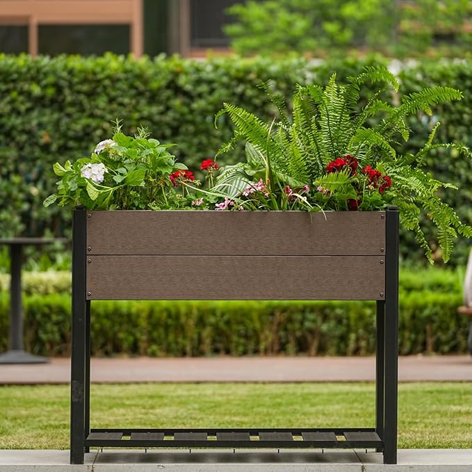 42" l x 33"h HDPE Elevated Garden Bed with Storage Shelf - Wood Grain Finish, All-Weather Standing Planter Box with Sturdy Black Aluminum Frame for Vegetables, Herbs on Patio, Balcony & Outdoors