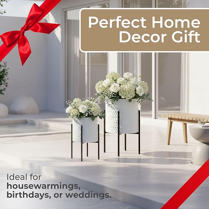 Decorative Flower Pots with Metal Stand for Home Decor - Modern Planters for Hallway, Entryway, and Living Room Decor - Indoor and Outdoor Pots for Plants - Set of 2, 23", 19", White & Black