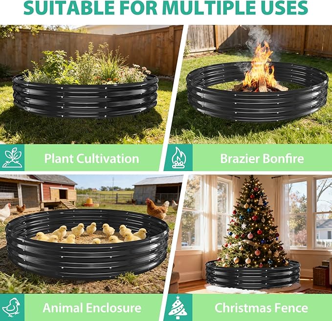 6FT Diameter Galvanized Garden Raised Bed/Plant Box/Fire Pit Ring-0.8mm Thick,12 Inch Tall,Crimped Edge and Corner,No Sharpe,Perfect for Plantings (Black, 72 Dia X 12 inches)