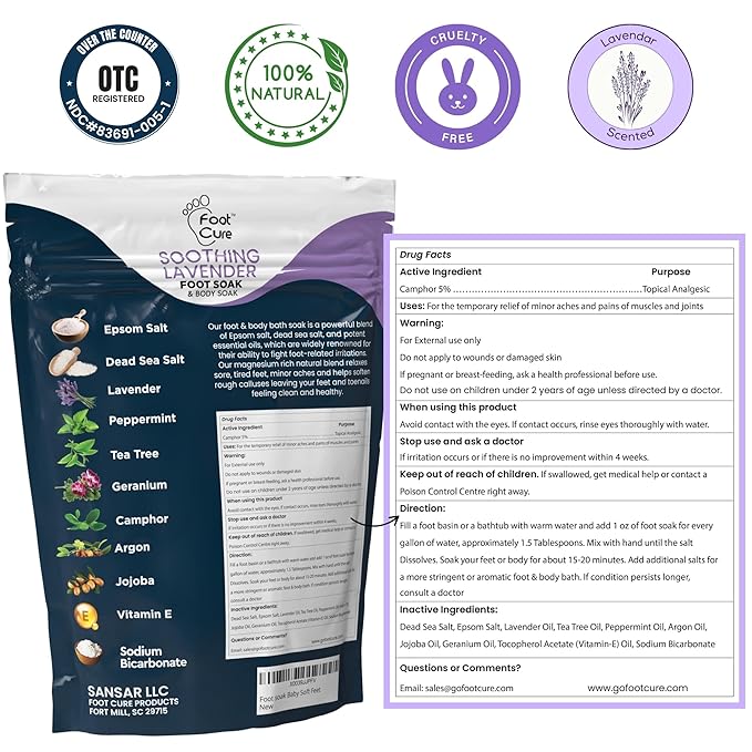 FOOT CURE Premium Epsom Salt Foot Soak - Tea Tree Oil Foot Soak for Athletes - Relaxing Foot Bath with Fungal Support - Foot Soaking Salts & Oils - Soothing for Tired Feet & Calluses (Pack of 4)