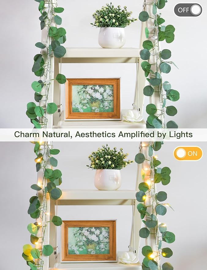 suddus Vines with Lights Plug in, 33ft 100 LED Eucalyptus Garland String Light Connectable with Remote, Leaf Lights for Bedroom, Room, Wall, Garden, Party, Wedding Dorm Decor (Warm White)