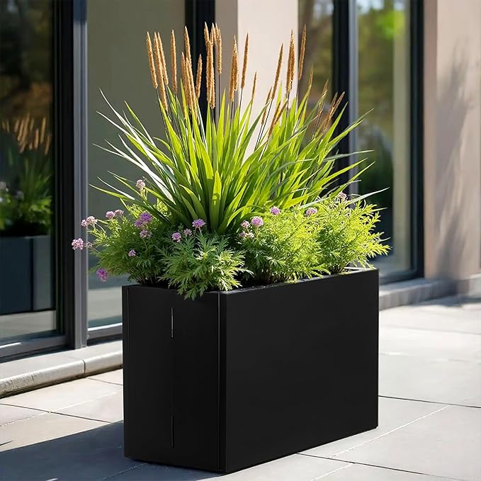 TISUWING Galvanized Steel Rectangular Planter, 16"x 12"x 12" Small Planters for Outdoor Plants, Black Outdoor Planter with Drainage Holes