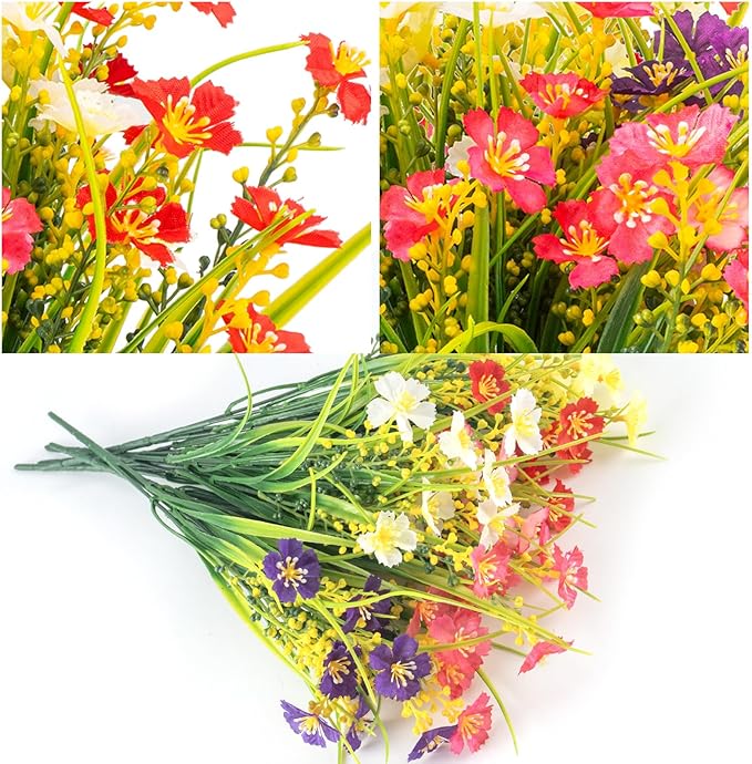 XEOLIAN 12 Bundles Artificial Outdoor Flowers Lifelike UV Resistant Fake Plastic Plants Indoor Outside Hanging Plants Garden Porch Window Box Decor (Mix 6 Colors)