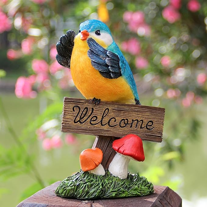 Bird Decor for Garden Statues,Bird Figurines Welcome Sign for Outdoor Decorations,Birds Decorative Outdoor Statue for Garden Patio Yard Lawn Home Shelf Decor,Gardening Gifts for Birds Lovers Women
