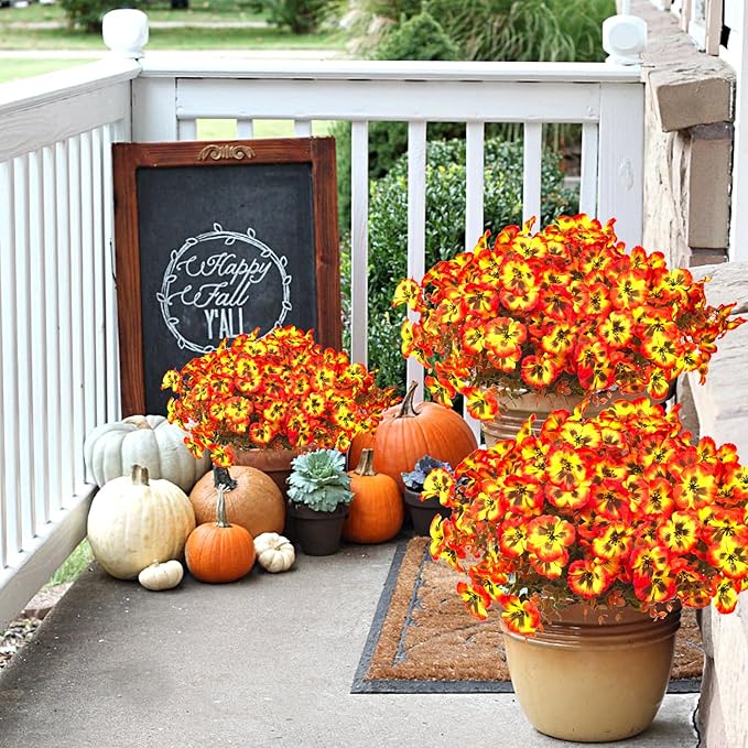 Grunyia 12 Bundles Artificial Flowers Outdoor Fake Fall Flowers for Outside Decoration UV Resistant Plastic Faux Plants for Garden Window Porch Balcony Fall Wedding Thanksgiving Decor