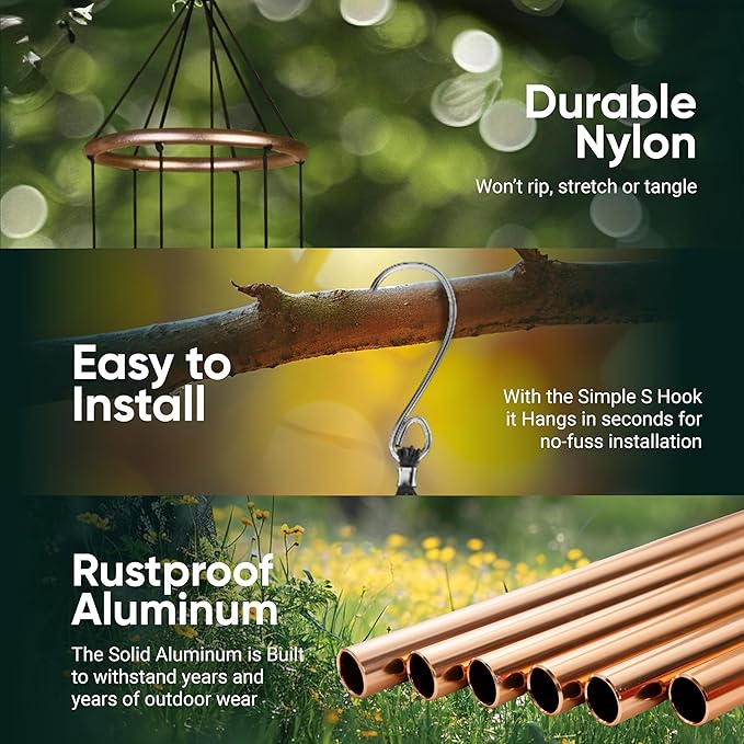 Nature’s Melody Aureole Tunes Wind Chimes – Outdoor Windchime with 6 Tubes Tuned to B Pentatonic Scale, 100% Rustproof Aluminum, Powder Finish & S Hook Hanger for Sympathy, Memorial Gift or Zen Garden