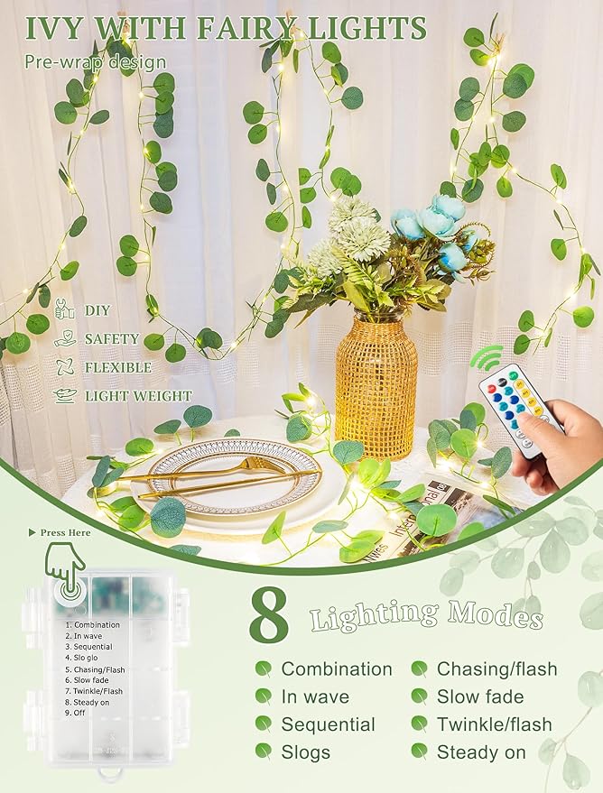 Vines with Fairy Lights,13ft Eucalyptus Garland String Lights USB/Battery Operate,40 LED Fake Leaf Twinkle Lights for Wedding,Birthday,Dorm,Bedroom,Curtain, Photo,Wall Decor(Warm White)