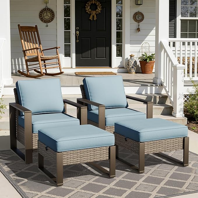 Joyside Outdoor Patio Chairs, 4 Pieces Wicker Rattan Furniture Set, 2 Patio Chairs and 2 Ottoman, Metal Wide Armrest, Thick Cushions and Deep Seating for Garden, Backyard, Porch, Deck