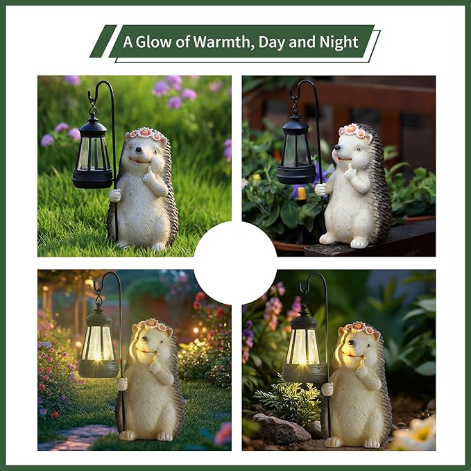 Ploxoiven Garden Hedgehog Gnome Statue Decorations - Solar Resin Hedgehog with Solar Garden Lights Outdoor Decorations for Patio,Yard,Lawn,