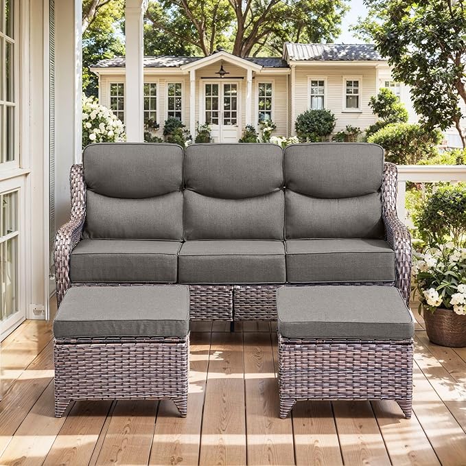 HUMMUH Luxury Patio Furniture Set 6-inch Thick Cushions High Back Swivel Rocker Chairs & 3 Seater-Couch & Steel Fire Pit Table 11 Pieces Outdoor Conversation Set for Porch,Deck,Backyard