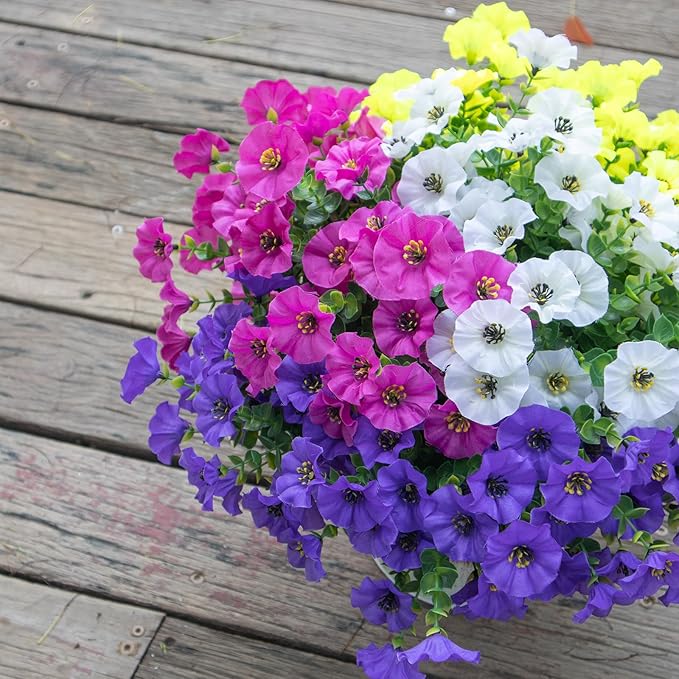 VDVST Artificial Flowers for Outdoors,UV Resistant Artificial Outdoor Flowers,Not-Fading Faux Flowers for Outdoor Planters Front Door Porch Yard Patio Garden Home Decor,12 Bundles Mix 4 Colors