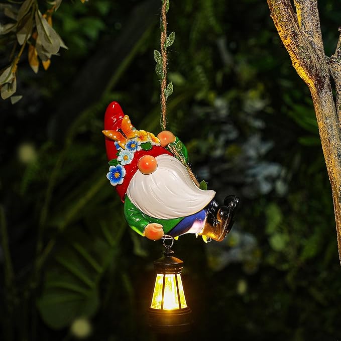 Solar Hanging Gnome Statue 6.3" H Climbing Gnomes with LED Lantern Hook Waterproof Hanging Gnomes Outdoor Decor Tree Yard Porch Wall Decoration Birthday Gift for Mom Women