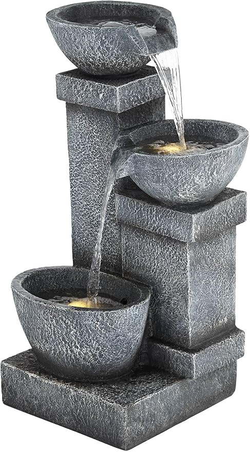 Three Bowls 32 1/4" High Large Modern Indoor Outdoor Decor Gray Faux Stone Floor Fountain with Light LED Waterfall Cascading Water Feature for Outside Garden Patio Yard Backyard - John Timberland