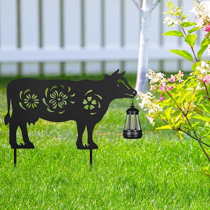2Pack Solar Outdoor Garden Lights Stakes Solar Metal Flower Cow Lawn Deco Statue Patio, Outdoor Decor, Garden Decorations, Lawn Ornaments