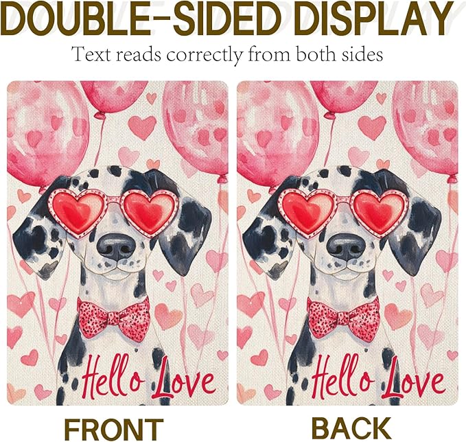 Valentine's Day Dalmatian Hello Love Garden Flag, House Yard Plaid Love Heart Outside Decoration, Spring Holiday Wedding Anniversary Outdoor Small Decor 12x18(12646)