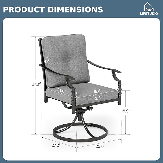 MFSTUDIO Patio Dining Chairs Set of 6, Outdoor Swivel Chairs with Cushions for Lawn Deck Backyard Garden, Metal Frame
