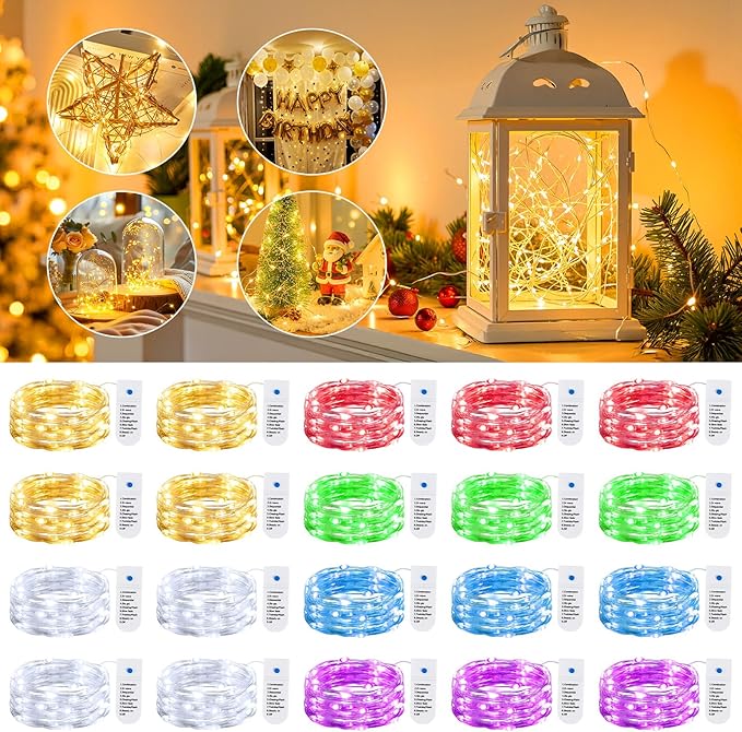 Minetom 12 Pack Fairy Lights Battery Operated String Lights 8 Modes, 7ft 20LED 6 Colors Waterproof Silver Wire Twinkle Lights, Firefly Starry Moon Lights for Mason Jars DIY Christmas Wedding Party
