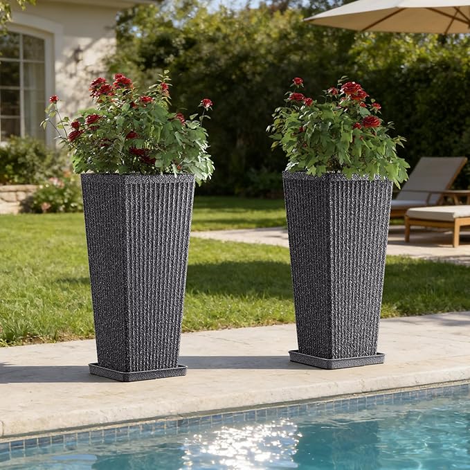 Trygoal Square Tall Planters for Outdoor Plants Set of 2-23.6" Heavy-Duty Classic Tapered Indoor Flower Pots with Drainage Holes/Partition/Tray, Large Outdoor Planters for Porch Patio Garden, Grey