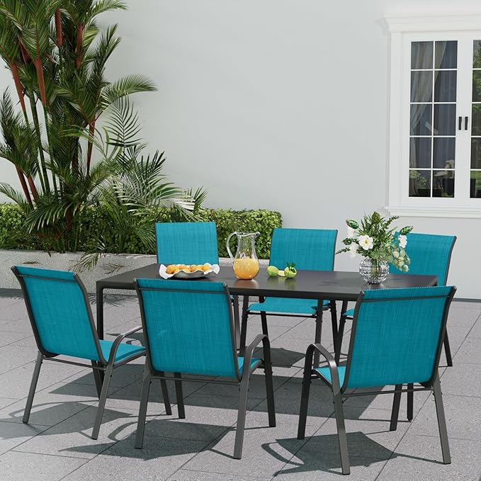 Patio Dining Chairs Set of 8, Stackable Dining Chairs High Back, Breathable Seat Fabric and Alloy Steel Frame Fit Backyard, Porch, Lawn,Poolside (Sky Blue)