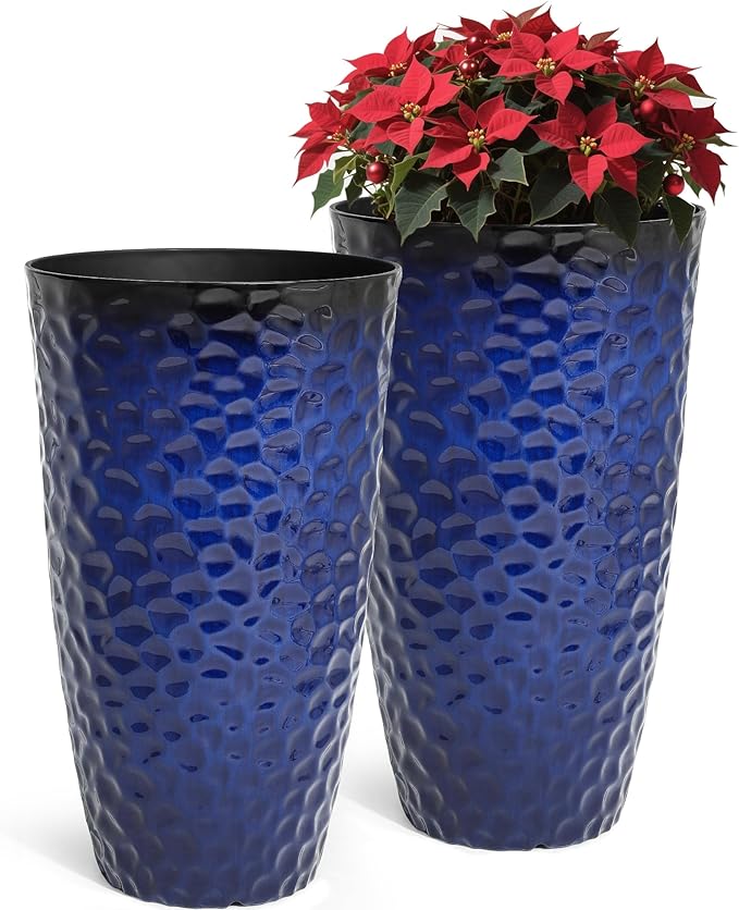 Ultym 23.75" H Large Tall Outdoor Planters, Set of 2 Plastic Large Flower Pots for Outdoor Plants, Gradient Cobalt Blue Honeycomb Textured, Weather-Resistant for Porch, Garden, Patio or Indoor Use