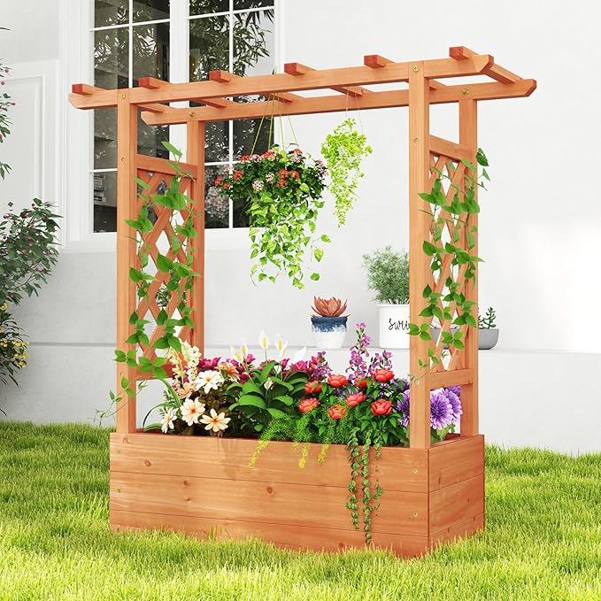 HAPPYGRILL Raised Garden Bed with Trellis, Wooden Elevated Planter Box w/Hanging Roof, Drainage Holes & Removable Bottom Panels for Climbing Vine Flower, Indoor Outdoor Wood Planter for Yard Patio