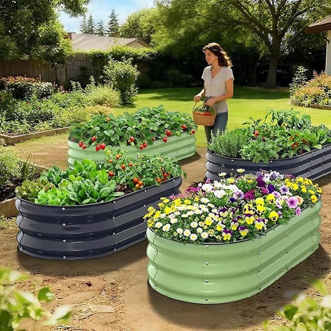 Galvanized Raised Garden Bed, Oval Planter Raised Bed 4x2x1ft Metal Raised Garden Bed Outdoor for Growing Vegetables, Flowers, Herbs, Metal Planter Box for Yard, Patios, Balconies(Fruit Green)