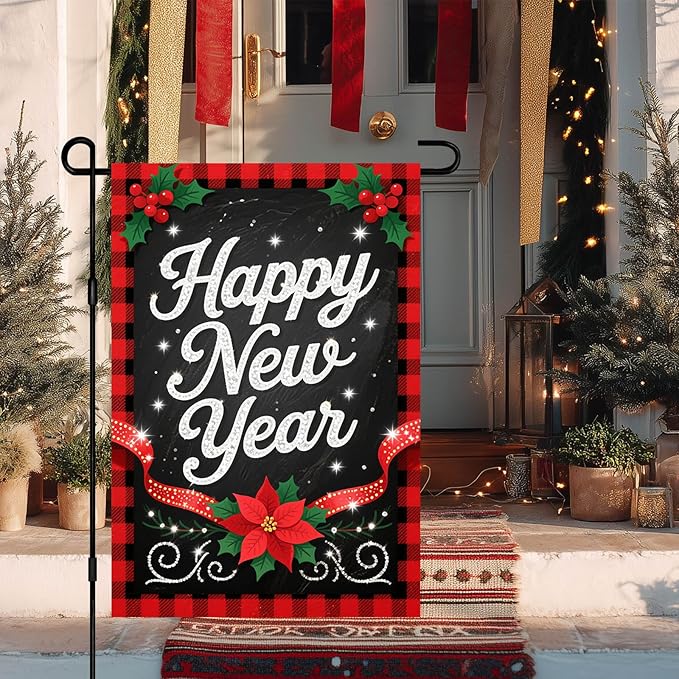 Happy New Year Garden Flag 12x18 Inch Double Sided Plaid Banner Outdoor Yard Decoration with Holly Berry and Poinsettia for Home Lawn Porch Seasonal Holiday Garden Flags