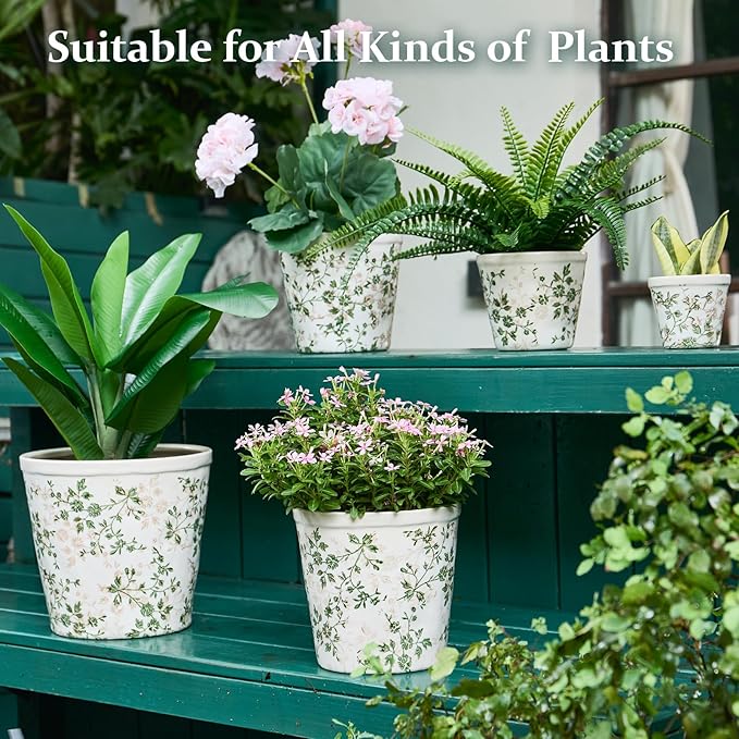 Teweiqi Ceramic Planter with Drainage Hole, Plastic Tray & Mesh, 6 Inch - Indoor/Outdoor Flower Pot for Orchids, Succulents, Green Floral Modern Farmhouse Décor for Home,Office and Garden, Ideal Gift