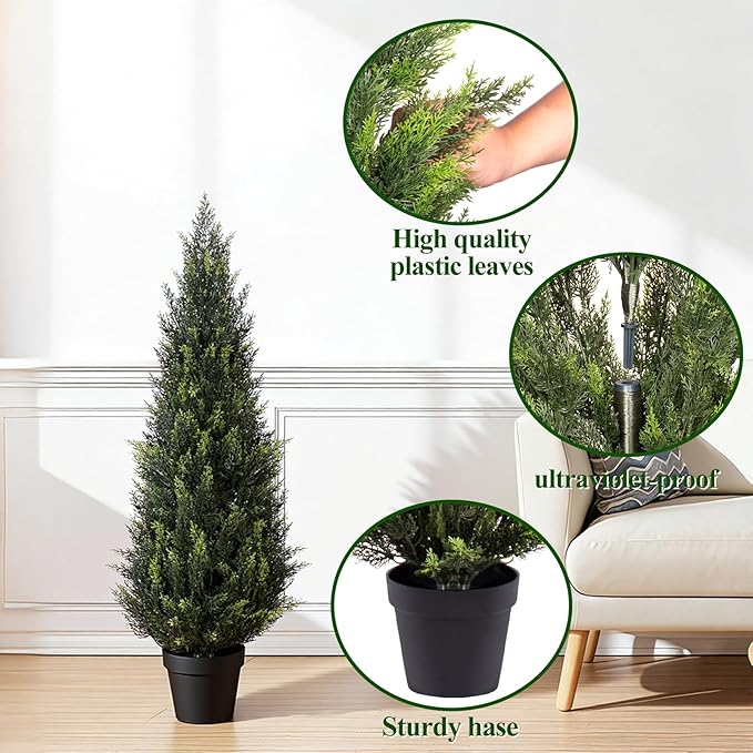 ZEEOZE 3FT Artificial Cedar Topiary Trees (1 Pack) - UV Resistant Faux Evergreen Shrubs Extra Dense Foliage Realistic Fake Pine Cypress Plants Easy Assembly for Front Porch Garden Indoor Office Decor