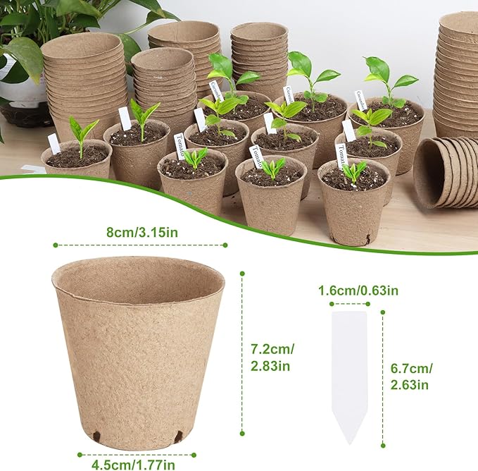ModaSin 65 Pcs Organic Peat Pots, 3.15 Inch Nursery Pot, Round Plant Seedling Pots with Drainage Holes, Small Seed Starting Starter Tray Bulk, Garden Germination Container with 65 Planting Labels