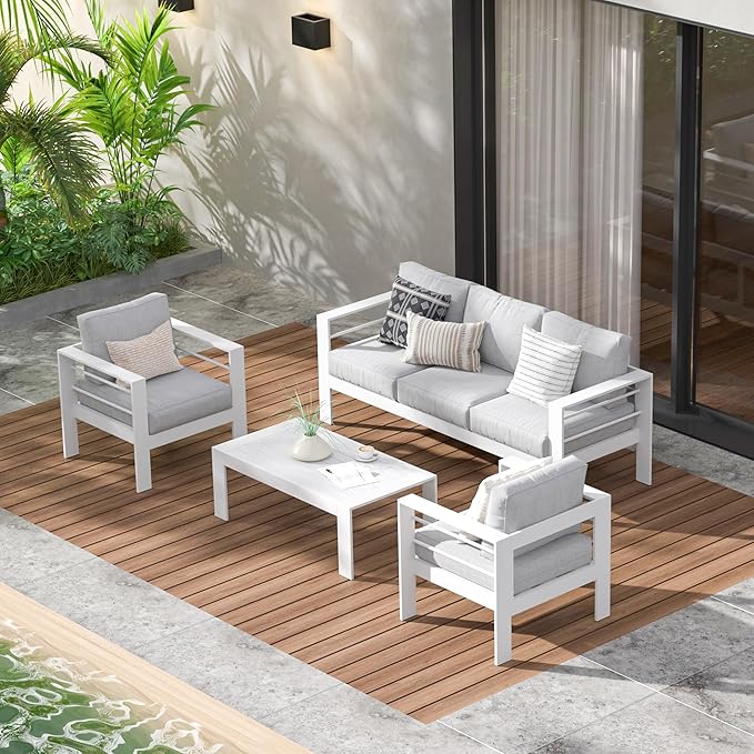 Wisteria Lane Aluminum Patio Furniture Set for All Weather, Oversized Metal Outdoor Furniture Set with 27.5" Deep Seat and 10" Back Cushion, Patio Conversation Sets with Wide armrest, White