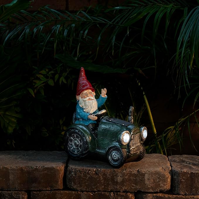 Alpine Corporation WQA1378SLR-GN Outdoor Garden Gnome Riding Green Tractor Solar Yard Statue Decoration with LED Lights, 10"