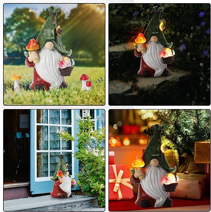 ZhiYo-GD Mushroom-Picking Gnome Solar Garden Statue with 3 LED Lights, Set with 1 Gnome and 2 Small Mushroom, Lovely Garden Gnome Set for Patio, Yard, Lawn Ornament, Outdoor Christmas Decor